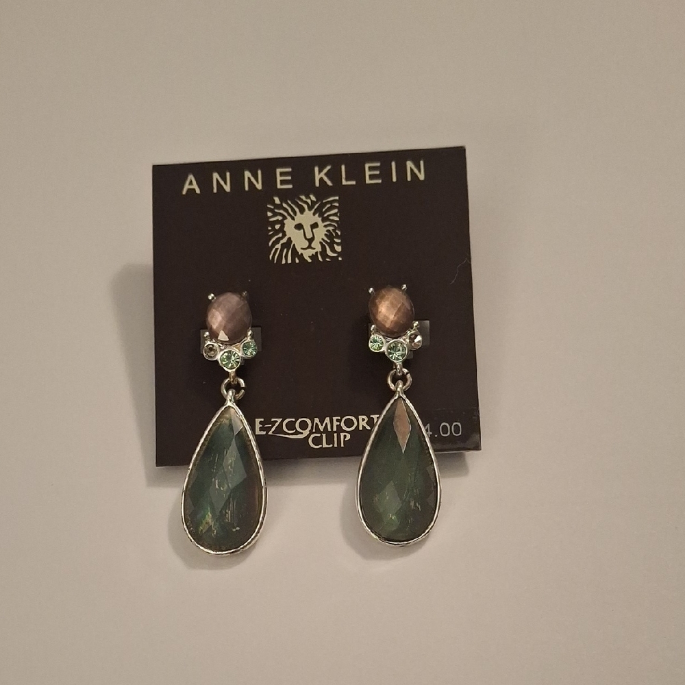 Anne Klein Green Teardrop Earrings with Silver Details